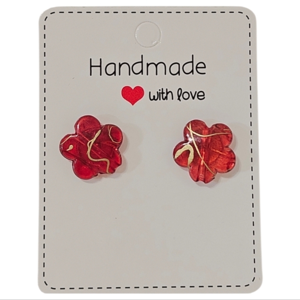 Red Acrylic Flower Stud Earrings Gold Swirl Floral Petite Boutique - Picture 3 of 6